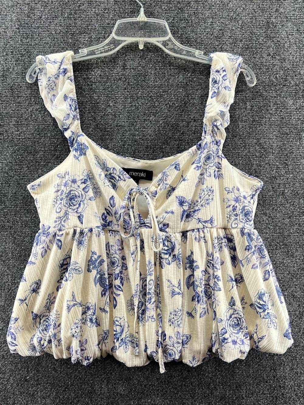 Meraki Babydoll Cami Top XL Blue Floral Bubble Hem Cottage Flirty Fairy Coastal